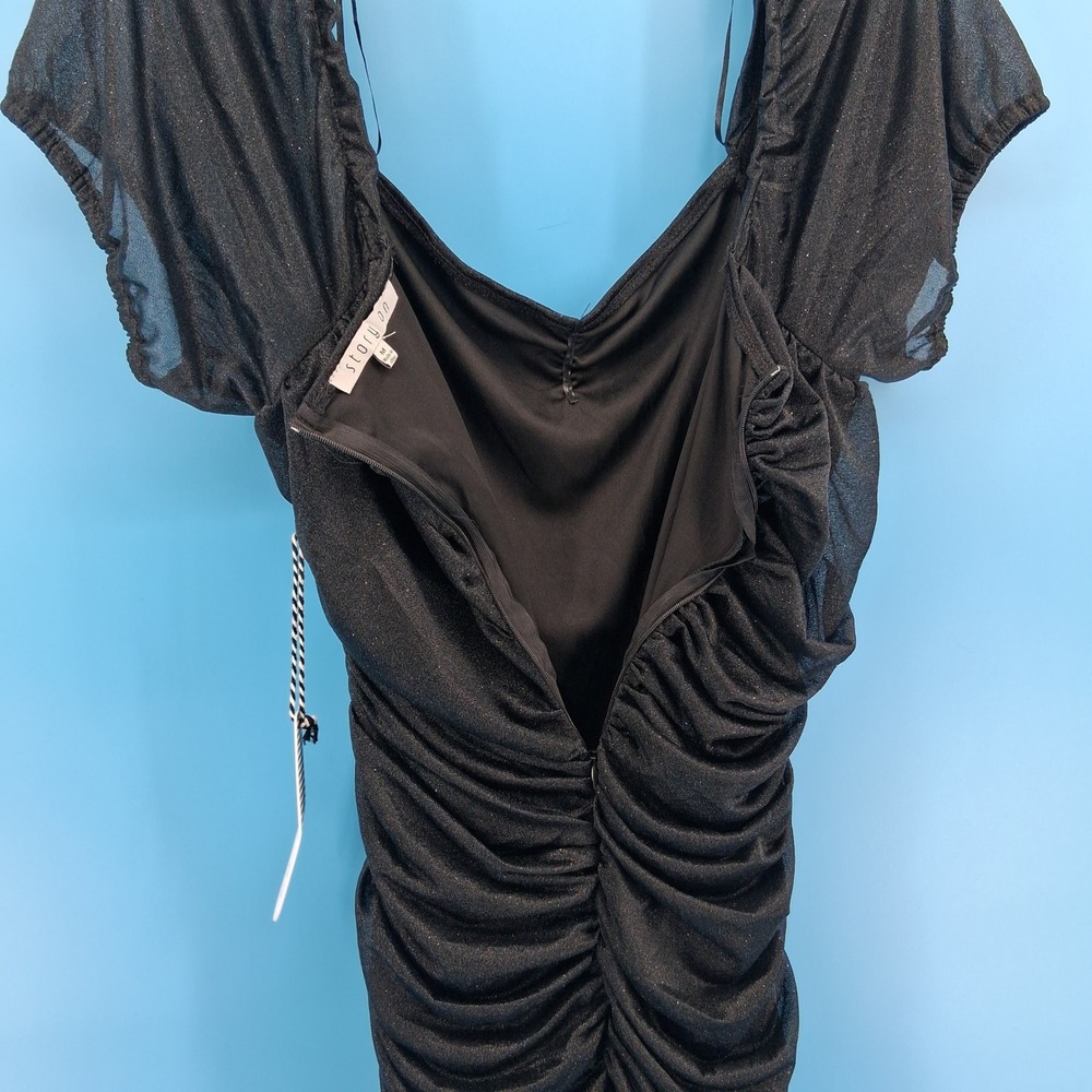 Story On Mini Dress Womens Medium Black Shimmer Ruched Bodycon V-Neck Party Glam